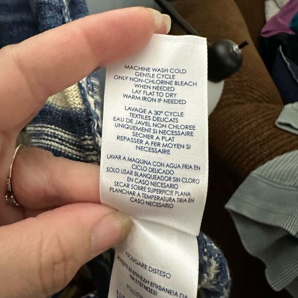 Chaps Open Cardigan Sweater Size Large Blue Cream Tribal Print - Picture 4 of 8